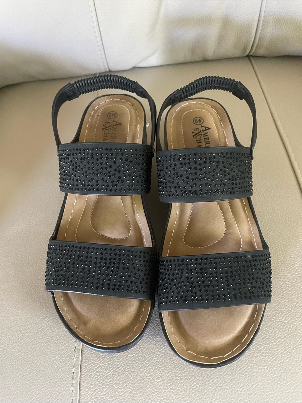 American Exchange Black Beaded Elastic Slingback Sandals
